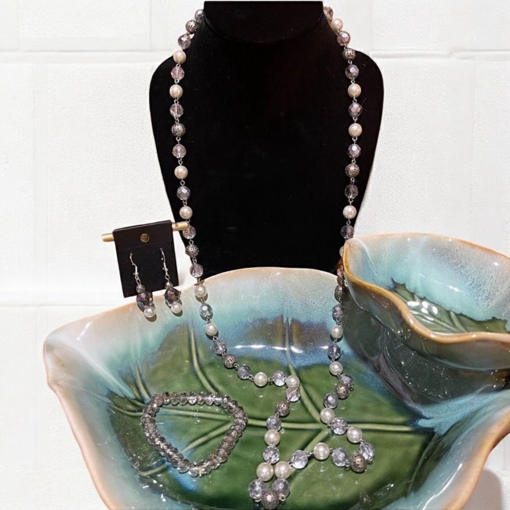 Handcrafted Glass Faceted Beads & Pearl Long Necklace Earrings Set